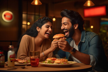 Indian couple enjoying burger and pizza at restaurant