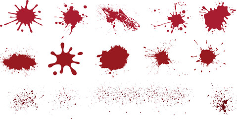 Blood Splatter Vector Illustration, Perfect for Halloween, crime scene designs. blood splatter Ideal for horror, gore, violence, murder, mystery, bloodstain, droplets, splashes, drips, stains pattern - obrazy, fototapety, plakaty