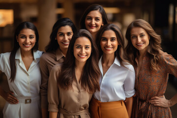 Young businesswomen group standing and giving happy expression. - obrazy, fototapety, plakaty