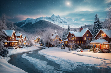 the village covered in snow - obrazy, fototapety, plakaty
