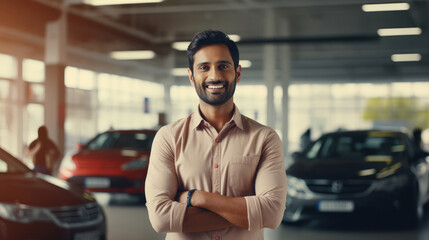 young indian man standing at car showroom - obrazy, fototapety, plakaty