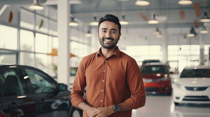Naklejka premium young indian man standing at car showroom