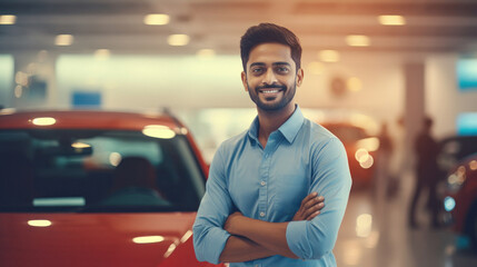 young indian man standing at car showroom