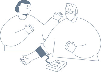 An elderly man measuring blood pressure and a woman checking it.