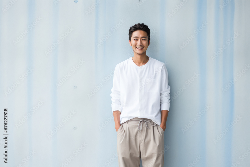 Wall mural young japanese man in white shirt and pant.