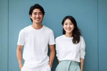 Japanese man and woman standing together - obrazy, fototapety, plakaty