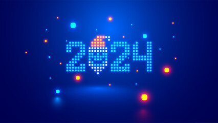 2024 digits, Santa Claus face icon consist glowing pixels in technology style on blue background. New Year card or digital tech calendar poster. Logo of 2024 year hanging over reflection surface.