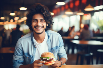 Indian college student eating burger - obrazy, fototapety, plakaty