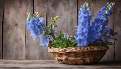 Beautiful Blue Delphinium flower basket on a wooden background 
