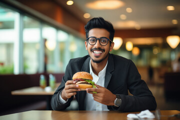 Indian college student eating burger - Powered by Adobe