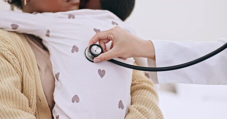 Black woman, child and doctor with stethoscope on bed, healthcare check up and medical help. Mother, toddler and pediatric care for consulting, back and asthma with lung breathing exam for wellness
