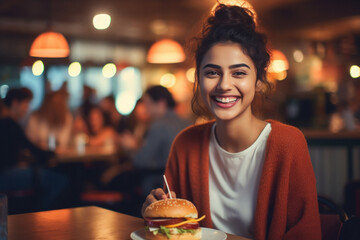 Indian college girl eating burger - obrazy, fototapety, plakaty