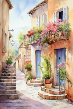 Fototapeta Watercolor Provence streets with windows and houses