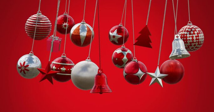 Animation of multicolored baubles, stars and bells swinging against red background