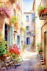 Fototapeta na wymiar Watercolor Provence streets with windows and houses