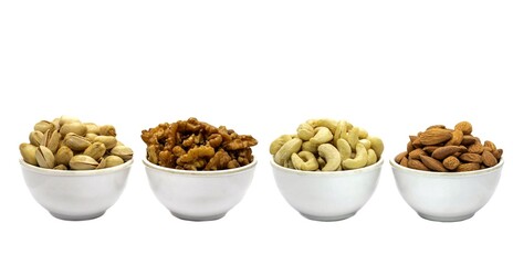Pistachio, Walnut, Cashew and Almond Nut in White Bowls Isolated on White Background in Horizontal Orientation
