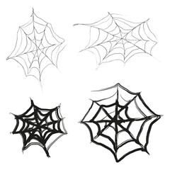  halloween textured spider web, black outline silhouette webs set