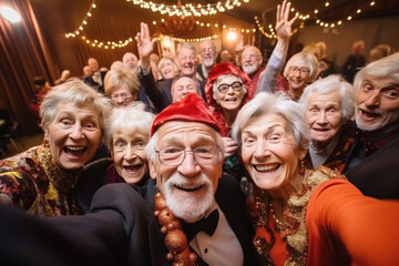 group of elderly people celebrating party - obrazy, fototapety, plakaty