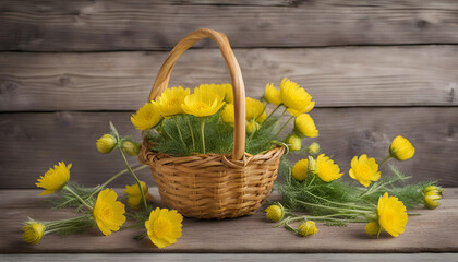 Fototapeta na wymiar Globeflower flower basket on a wooden background 