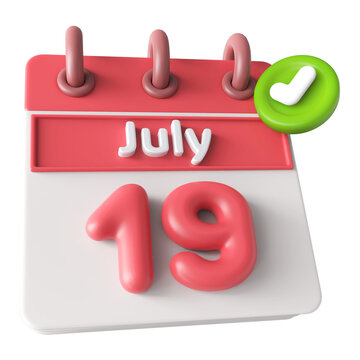 July 19th Calendar 3D Render With Check Mark Icon
