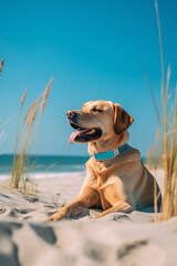Happy dog lying on the beach enjoying the sun with eyes closed. Created with Generative AI technology