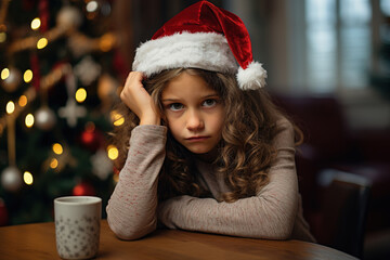 Upset child girl in a red holiday hat sitting at a table against background of a Christmas tree and...
