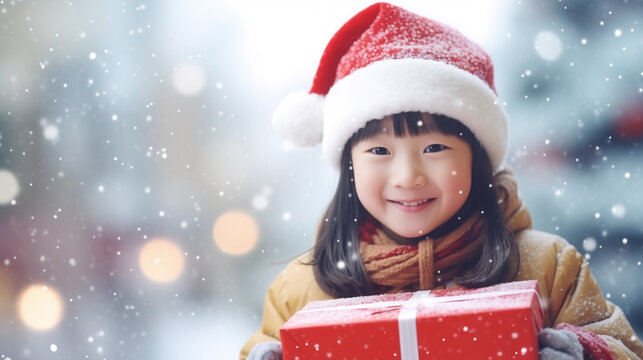 Asian kid in red santa hat holds gift box outdoor with winter snowing street