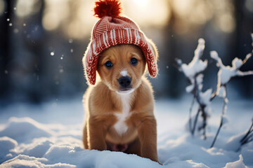 Sad cute puppy in a knitted warm hat sitting alone in a snowy forest on a winter day and looking at camera - obrazy, fototapety, plakaty