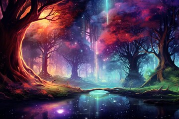 Naklejka premium Colorful Forest shining in bright and vivid pastel colors Digital Neon Light Art