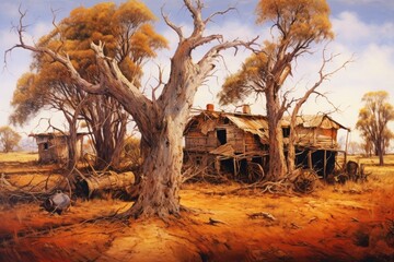 Obraz premium Oil painting of an rustic old farmhouse with trees in the forest. Vintage style.