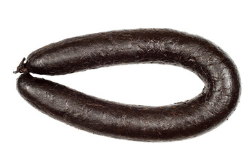 Natural blood sausage on a white background. Fresh homemade sausage close-up.