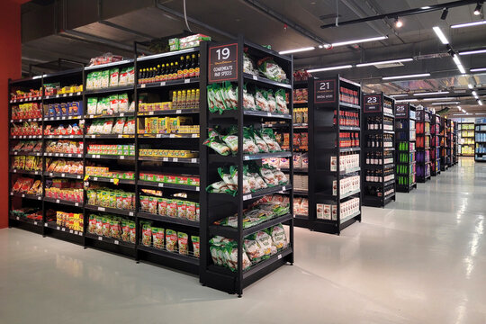 PENANG, MALAYSIA - 24 SEP 2023: Modern interior view of TMG Plus Grocer store. TMG Plus is Malaysia's Neighbourhood Fresh Grocer carrying everyday fresh and premium products for daily household.