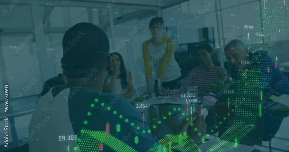 Poster Animation of financial data processing over diverse businesspeople in office