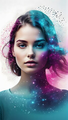 portrait of a woman with explosion abstract space illustration dual exposure of magenta and cyan colors 