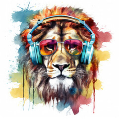 Dj lion with headphones and sunglasses Illustration, Generative Ai