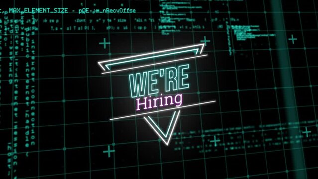 Animation of neon we're hiring text over data processing
