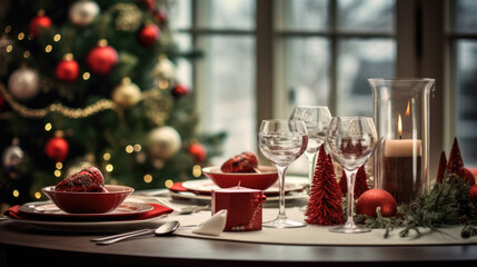 Obraz na płótnie Canvas Festive Christmas dinner setting with wine glasses, candles, and elegant table decorations, framed by a softly lit Christmas tree and a snowy window backdrop.