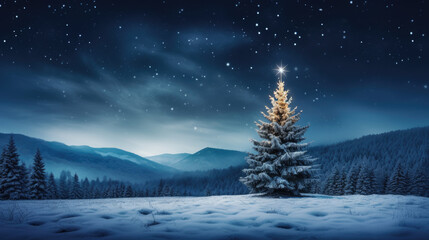 Fototapeta na wymiar A majestic illuminated Christmas tree stands in a snowy meadow, surrounded by a dense pine forest under a starry night sky.