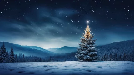 Fotobehang A majestic illuminated Christmas tree stands in a snowy meadow, surrounded by a dense pine forest under a starry night sky. © MP Studio