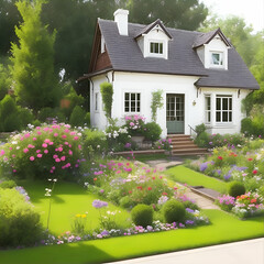 Fototapeta na wymiar Minimal white house in the garden , ai generative 