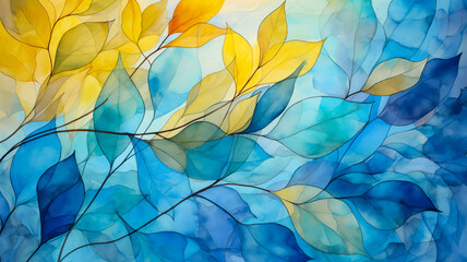 Golden leaves, delicate branches art. Blue and yellow illustration of full frame background of multicolored winter, summer, or autumn golden leaves. Ornamental leaves plants in natural garden, forest