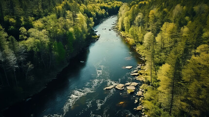 Drone view of a river winding through a forest