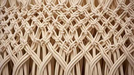 Handmade macrame background. Macrame braiding and cotton threads. Top view close up