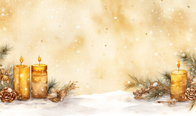 Empty golden aquarel template with set of candles outdoor with snowing for text