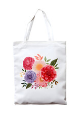 Mock up of  white tote bag with flowers print on transparent background