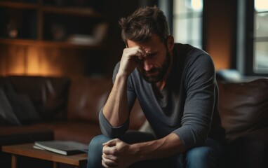 	
Frustration, mental disorder, broken heart. Mental problems, middle age crisis. Sad upset handsome bearded male sitting on couch crying, covers face with hands in living room interior, copy space.