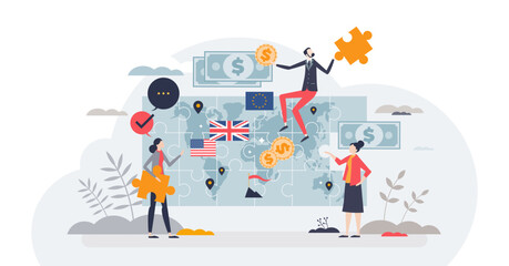 Global business and international partner cooperation tiny person concept, transparent background. Worldwide connections and network for logistics or trade illustration.