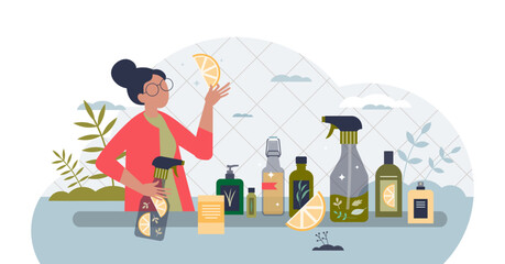 Natural cleaning products from organic bio herbs ingredients tiny person concept, transparent background. Sustainable, green and environmental housekeeping chemical alternatives.