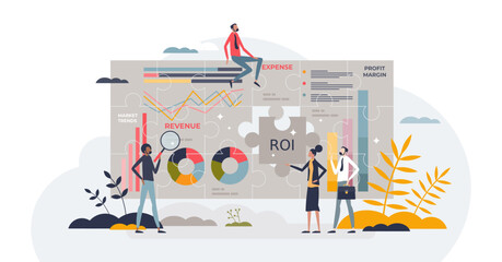 Finance analysis and company money revenue reports tiny person concept, transparent background. Expense, profit margin and ROI calculation for business optimization illustration.
