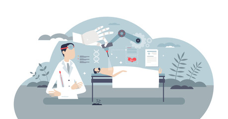 Robotic surgery and autonomous medical surgeon procedures tiny person concept, transparent background. Artificial intelligence usage for precise invasive medicine illustration.